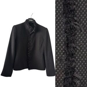 Linda Allard Ellen Tracy Women's Black 💯 WOOL patterned blazer with fringe sz 10